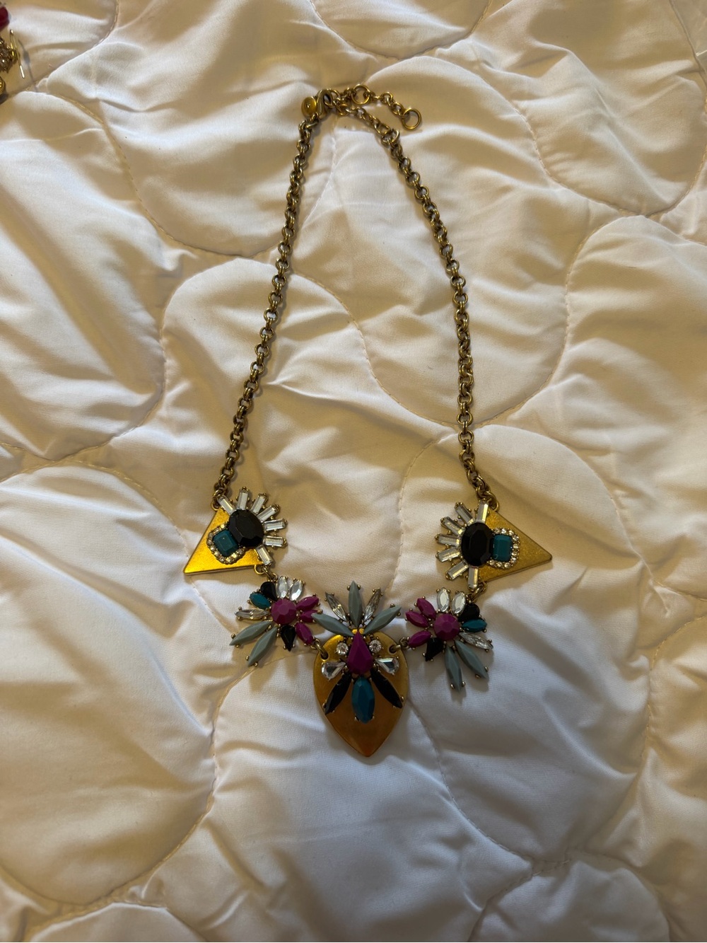 J Crew Gold Statement Necklace with Teal and Fuchsia Accents